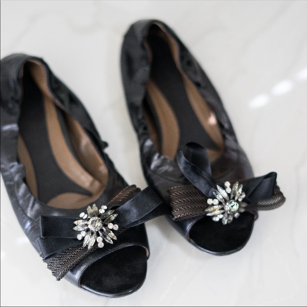 MARNI 38 flats bow metal rhinestones peep toe shoe - Picture 3 of 8